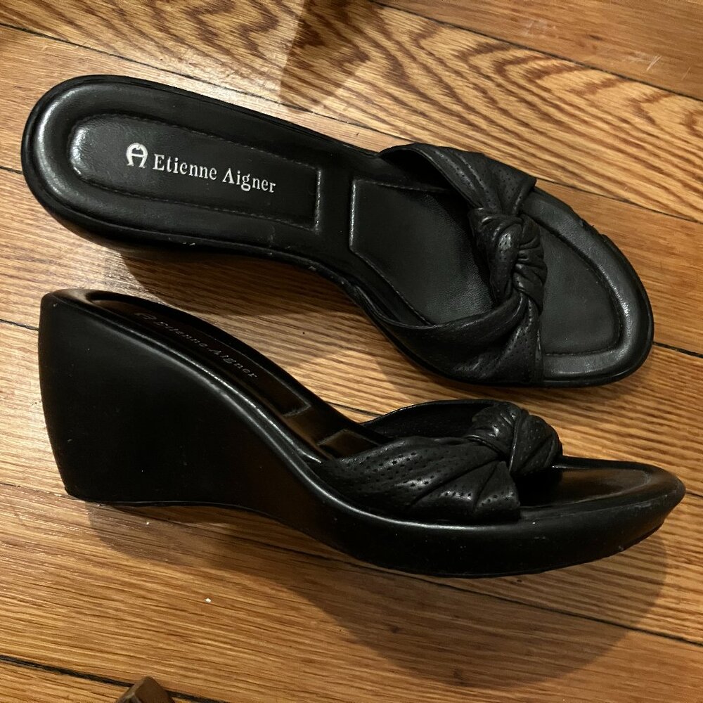 Y2K Leather Etienne Aigner Wedge Sandals with Knotted Peep Toe